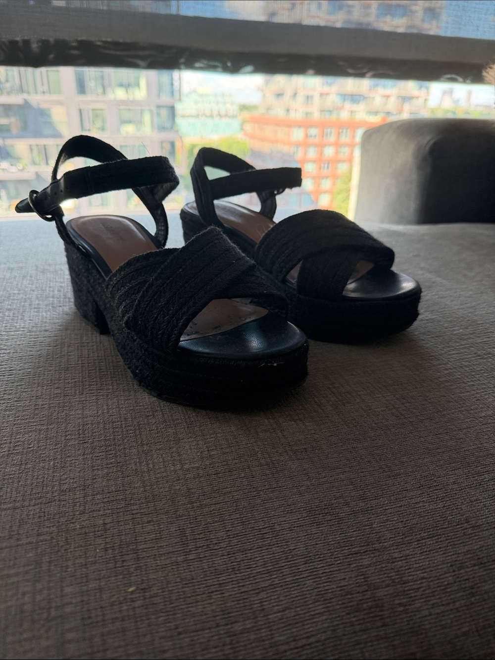 Old Navy Black Woven Platform Wedge Sandals with Ankle Strap - Open Toe